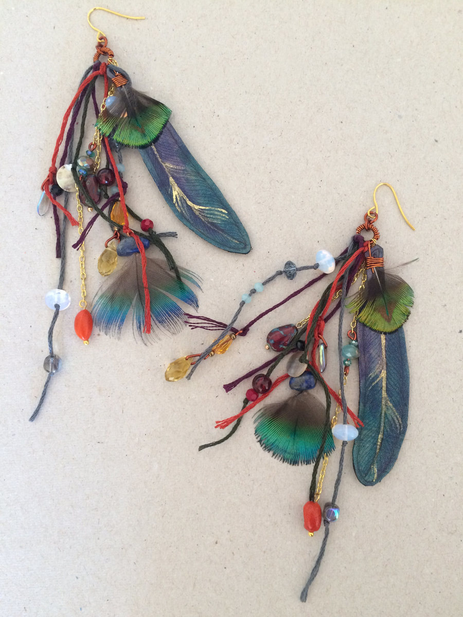  Peacock and Leather Feather earrings
